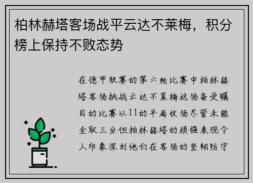 柏林赫塔客场战平云达不莱梅，积分榜上保持不败态势