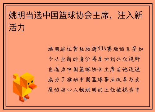 姚明当选中国篮球协会主席，注入新活力